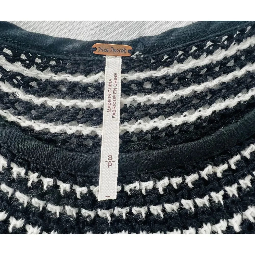 Free People Soulmate Crochet Tunic Top Black Waffle Knit Long‎ Sleeves Size S